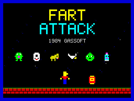Pixel-art hero in blue trousers facing a giant green nose, under the words FART ATTACK