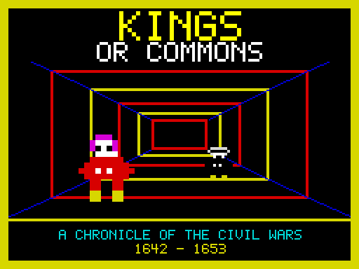A first-person view down a tiled corridor drawn in red and yellow perspective lines, with a Royalist cavalier in the foreground and a Parliamentarian soldier further down