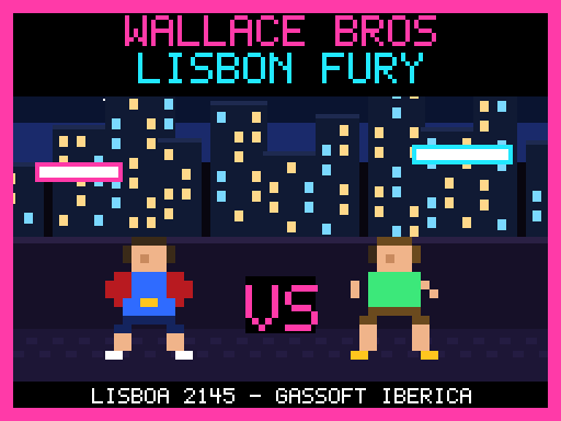 Two pixel-art fighters squaring up under neon signs on a Lisbon street at night, with VS between them and the words WALLACE BROS LISBON FURY above
