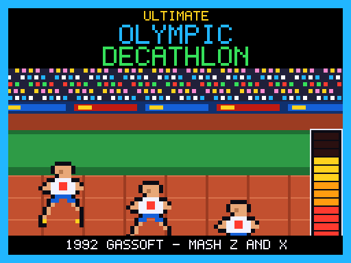 Three pixel-art sprinters racing down a red track in a packed stadium, under the words ULTIMATE OLYMPIC DECATHLON, with a red-to-green power bar at the right