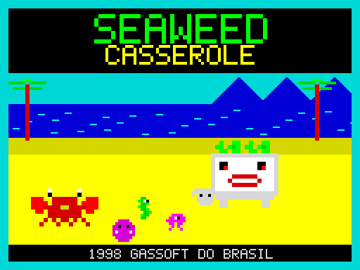 A big-clawed pixel-art crab squaring up to a huge white casserole dish boiling over with green seaweed, on a Brazilian beach