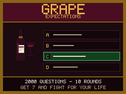 A dark burgundy quiz machine screen showing a wine bottle and glass beside four lettered answer buttons, with the third one lit green
